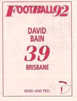 1992 Select AFL Stickers #39 David Bain Back